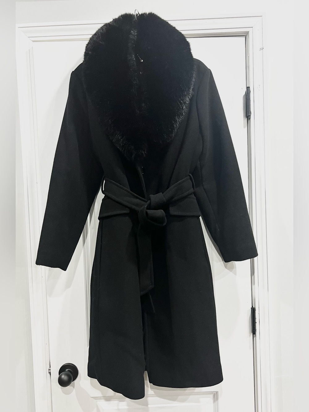 Kate Spade New York Black Wool Faux Fur Collar Belted Coat XL